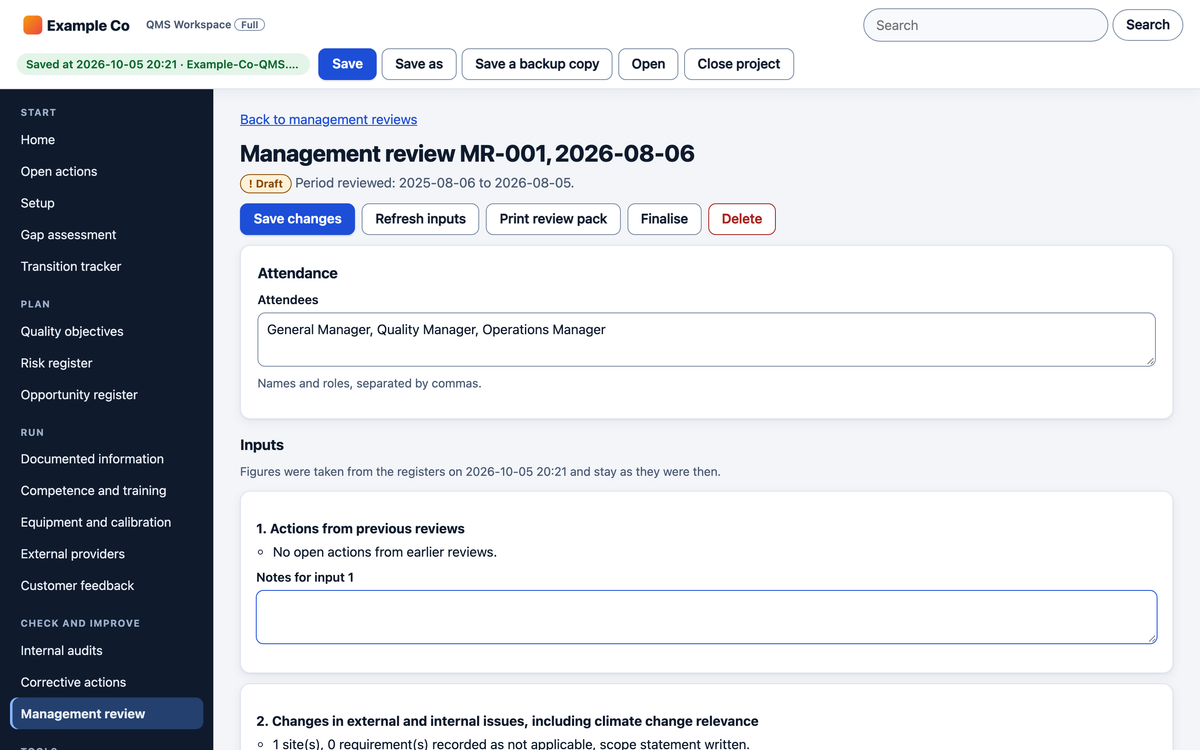 Management review with inputs filled from the registers
