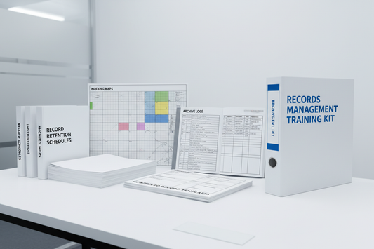 Record-retention schedules, indexing maps, archive logs, controlled record templates arranged neatly. White binder labeled Records Management Training Kit. Minimalist regulatory visual style with crisp clinical lighting.