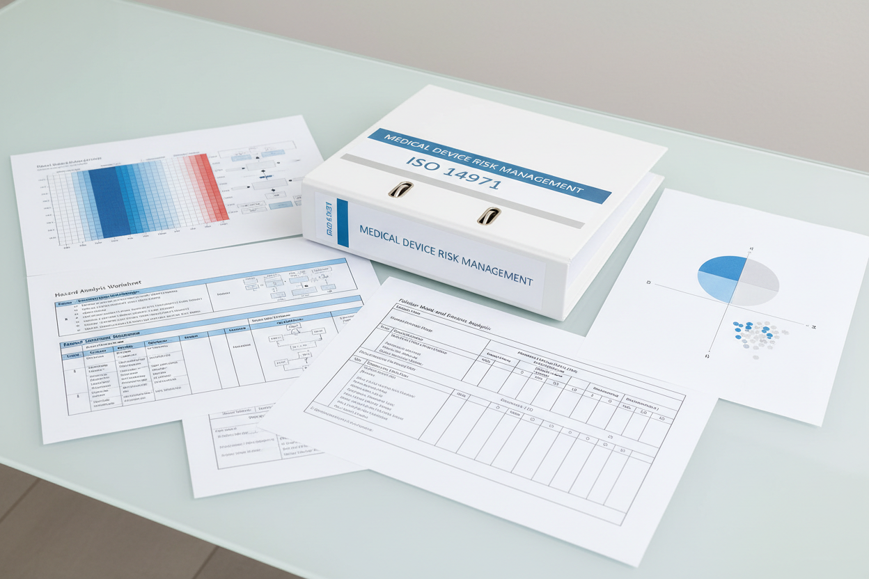 Risk matrices, hazard analysis sheets, FMEA tables, probability–severity charts displayed cleanly. White binder labeled Risk Management Training Kit. Modern ISO 14971 theme, cool blue-white palette, sharp technical visuals, no people.