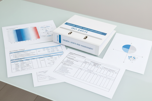 Risk matrices, hazard analysis sheets, FMEA tables, probability–severity charts displayed cleanly. White binder labeled Risk Management Training Kit. Modern ISO 14971 theme, cool blue-white palette, sharp technical visuals, no people.