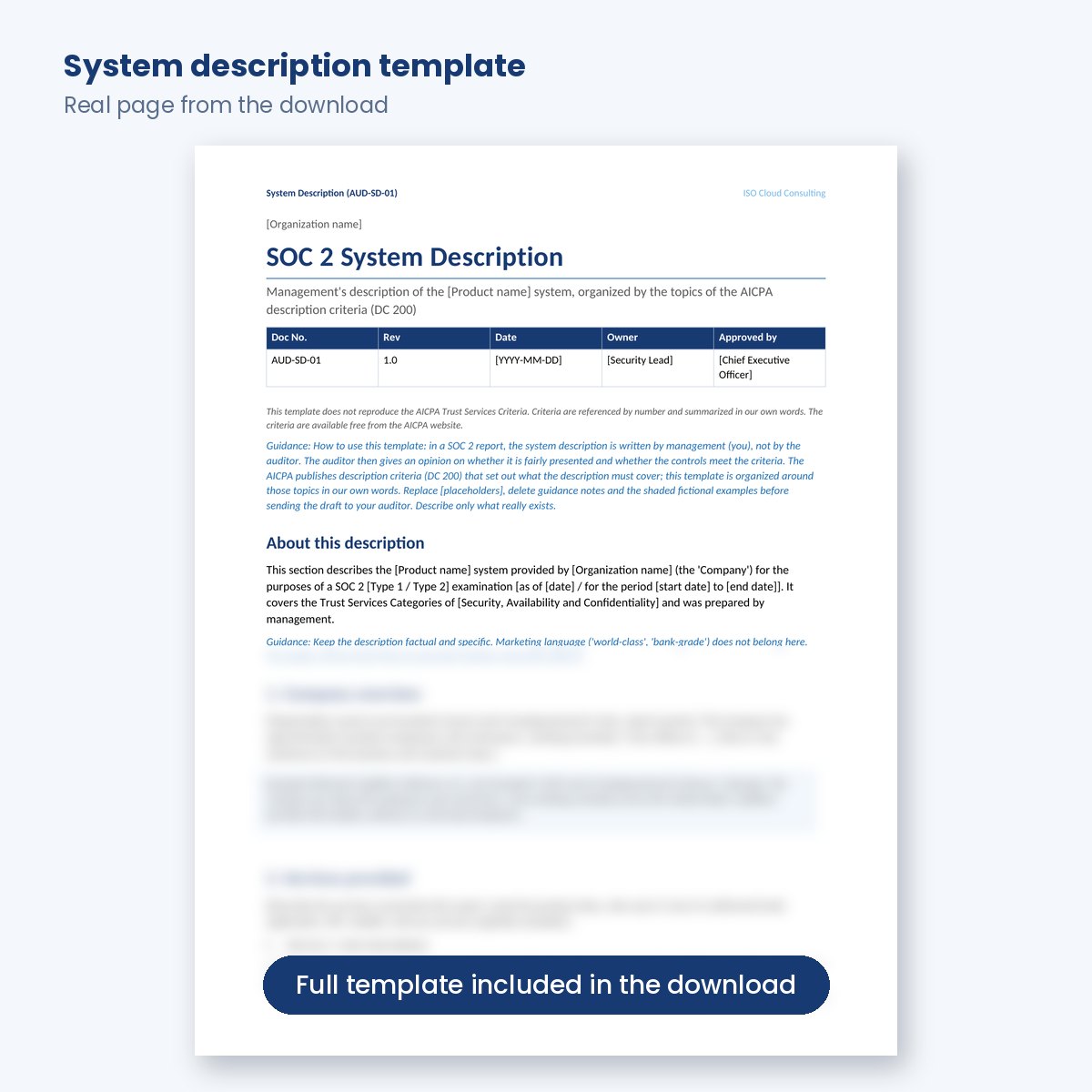 First page of the SOC 2 system description template