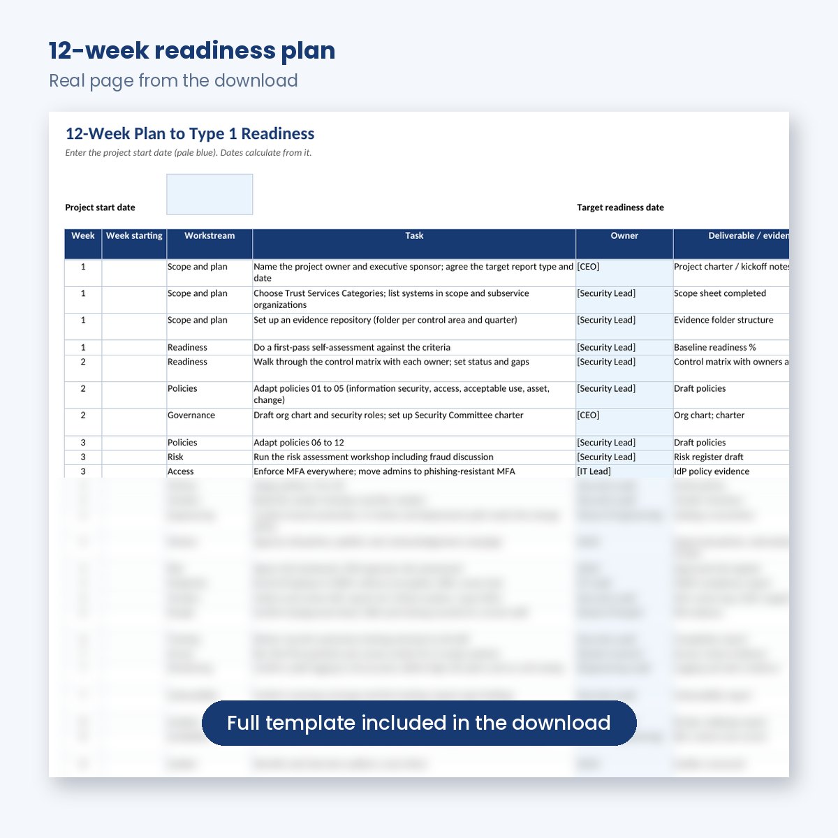 12-week SOC 2 audit readiness plan in Excel