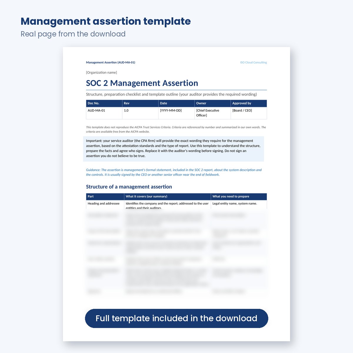 First page of the management assertion template