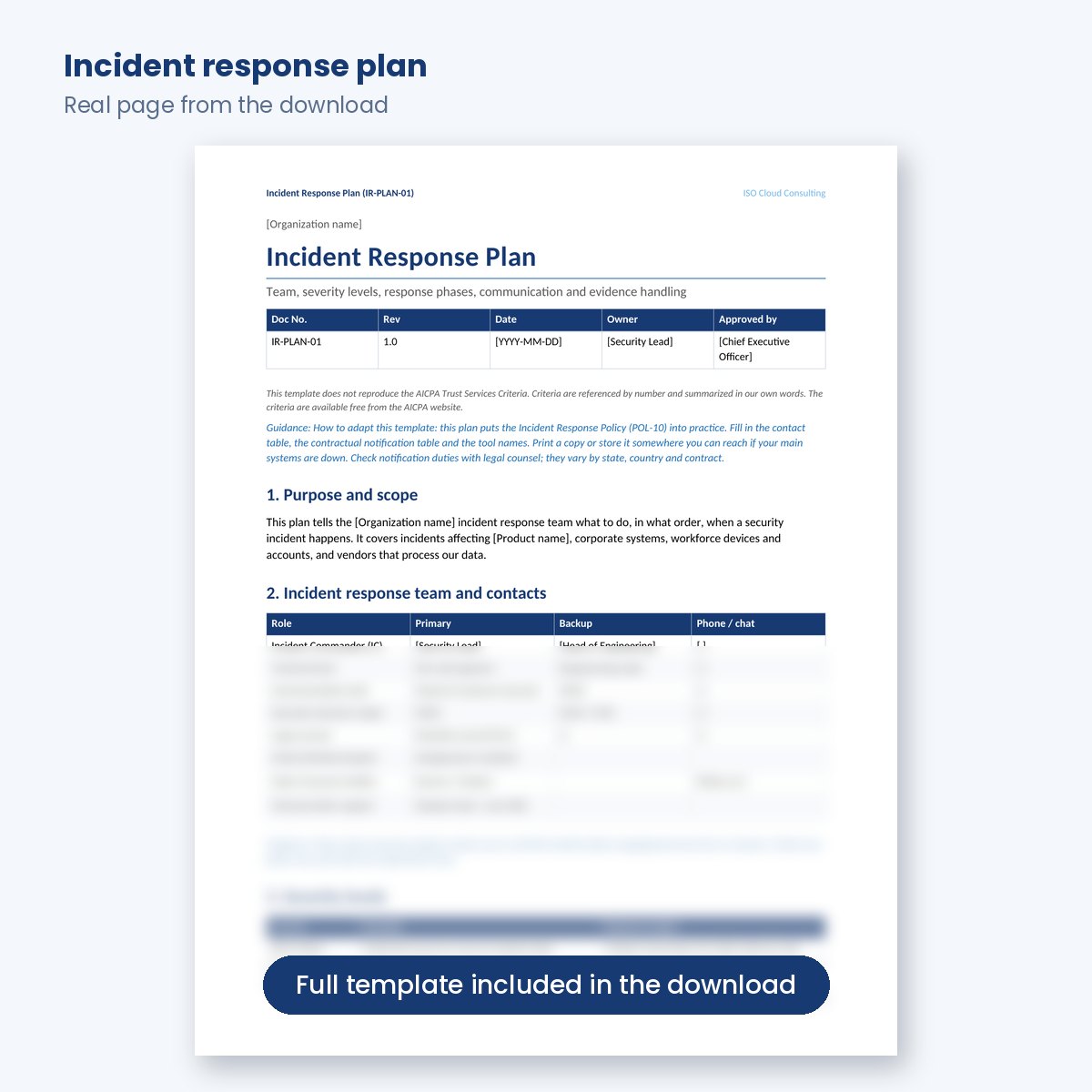 First page of the SOC 2 incident response plan template