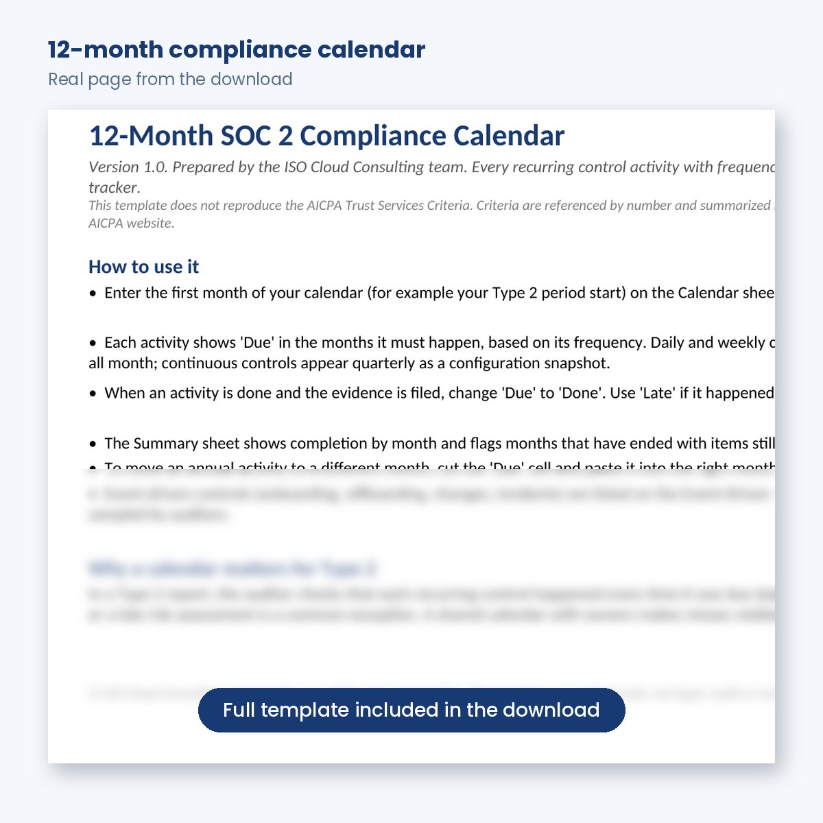 12-month SOC 2 compliance calendar in Excel