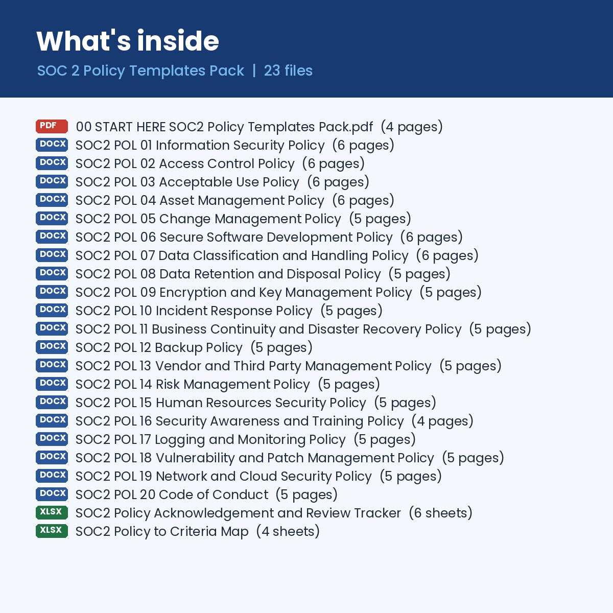 What's inside: 20 SOC 2 policies in Word, policy-to-criteria map, acknowledgement tracker and Start Here guide