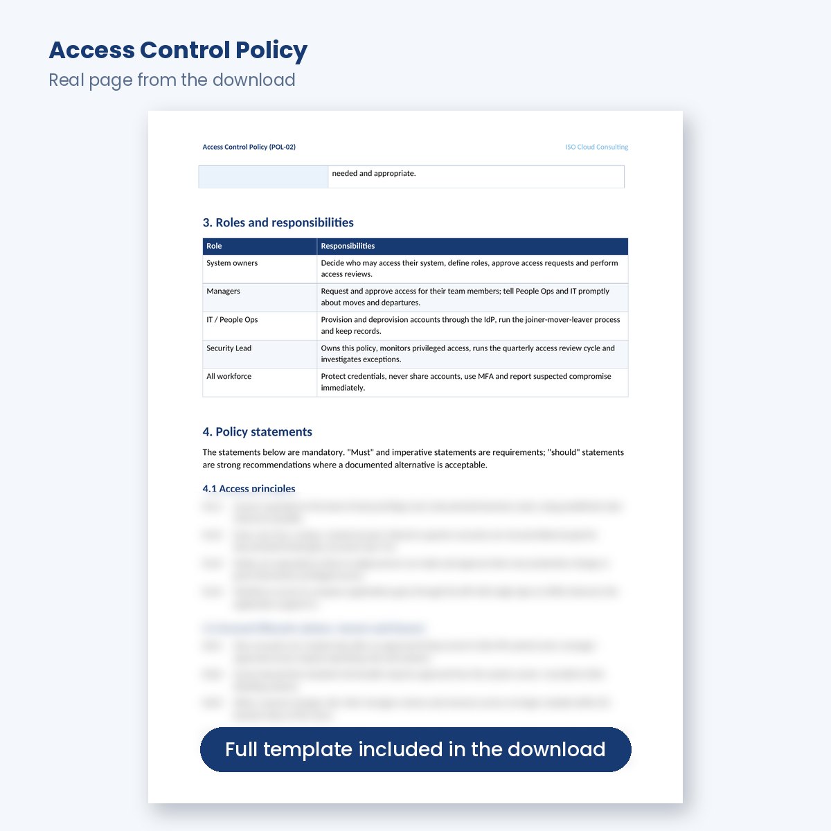 SOC 2 Access Control Policy template page with policy statements
