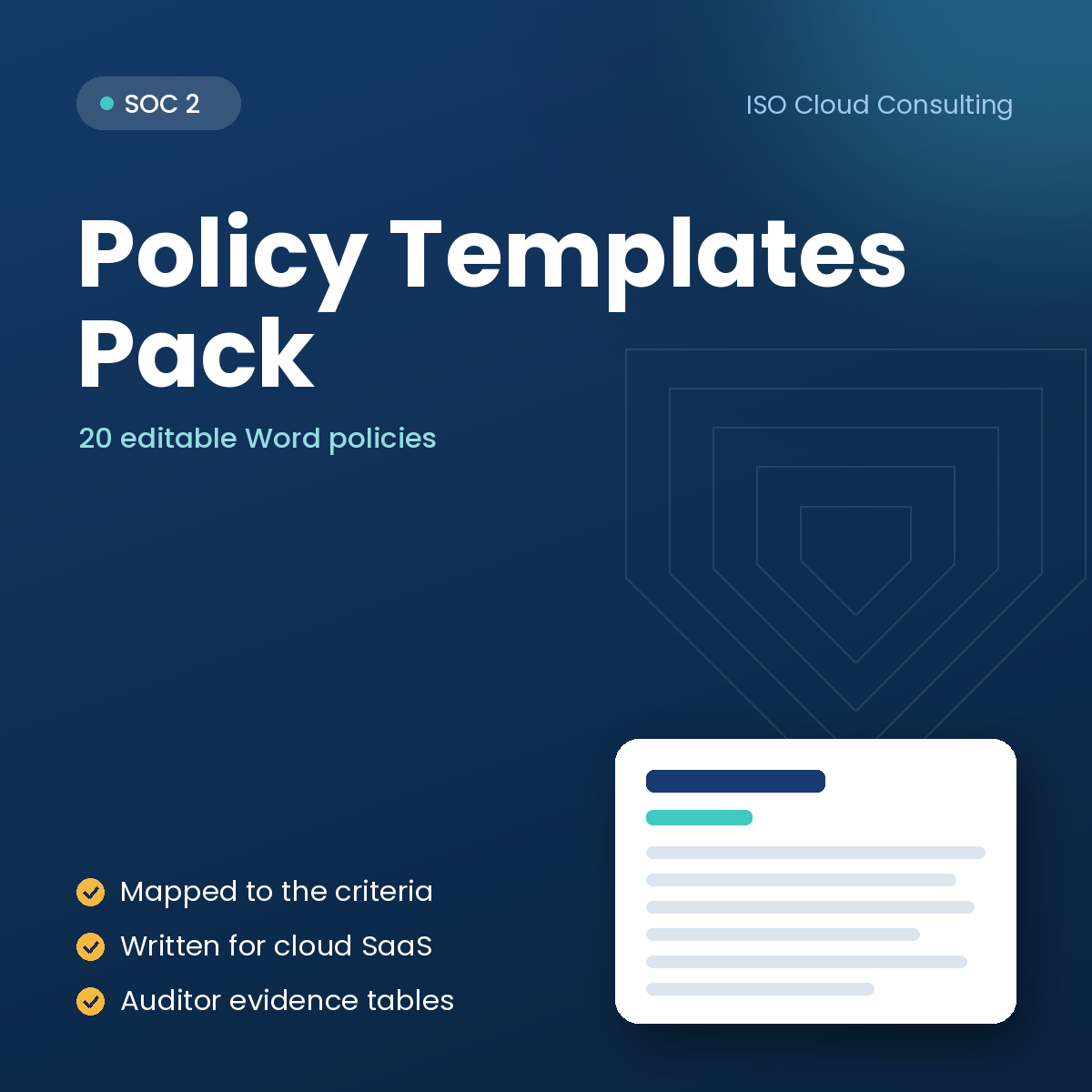 SOC 2 Policy Templates Pack cover: 20 editable Word policies