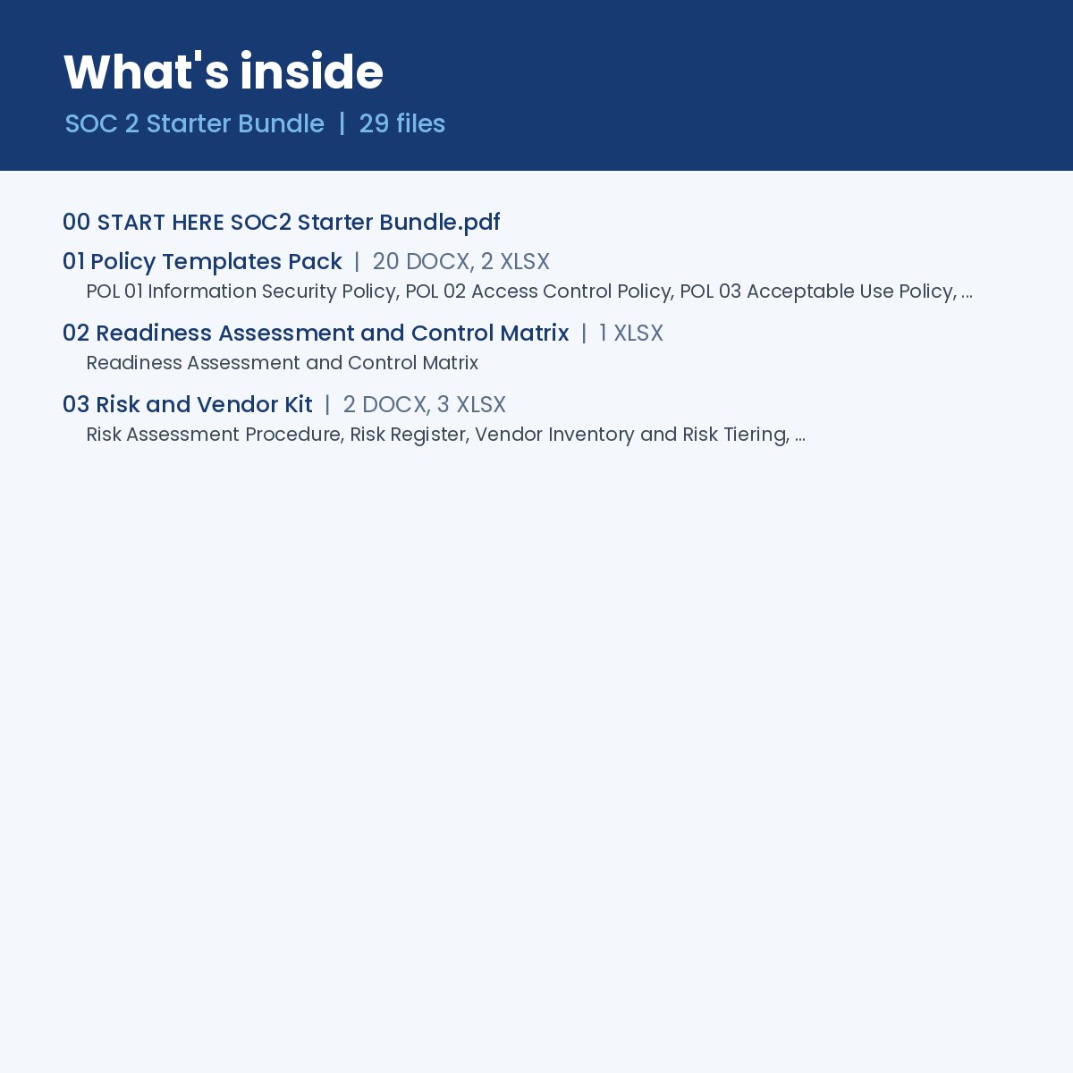 What's inside the SOC 2 Starter Bundle: three product folders with 29 files