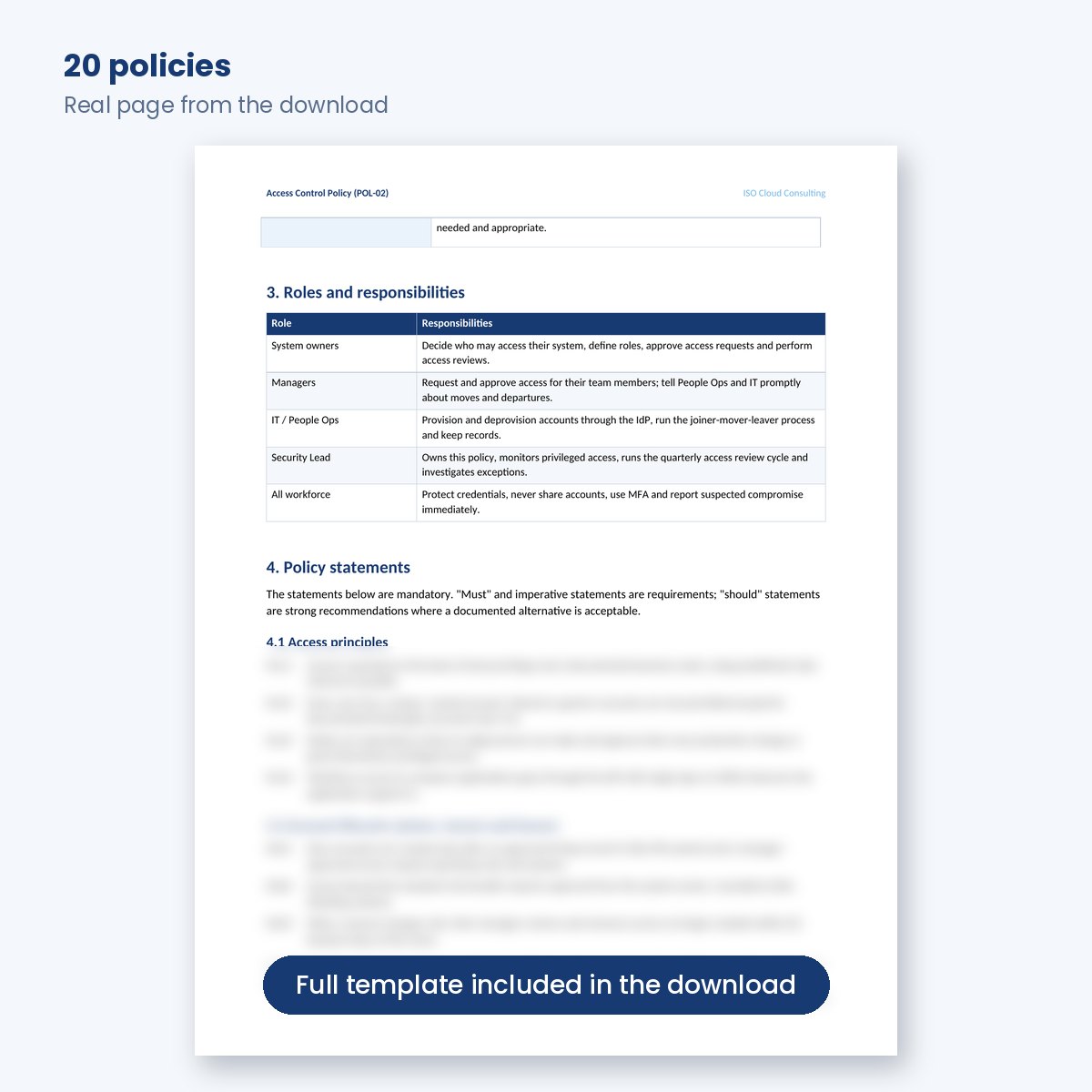 SOC 2 Access Control Policy page, one of 20 policies