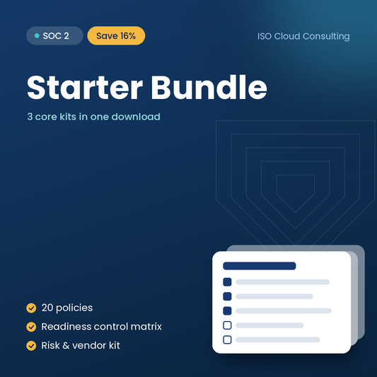 SOC 2 Starter Bundle cover: 20 policies, readiness control matrix and risk and vendor kit