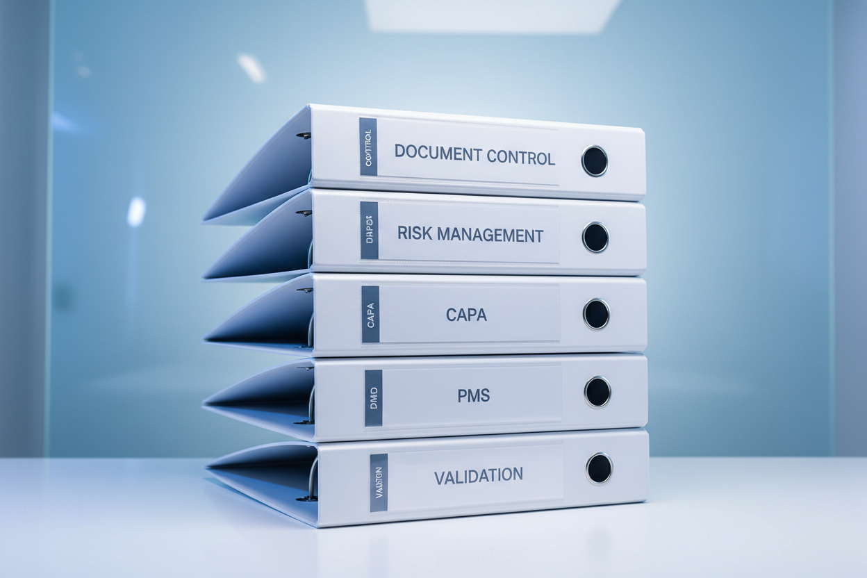 Stack of premium white medical device QMS binders with chrome rings and blue-white lighting, labelled Document Control, Risk Management, CAPA, PMS, D&D, Validation. High-end clinical regulatory aesthetic, crisp focus, minimal background. No people