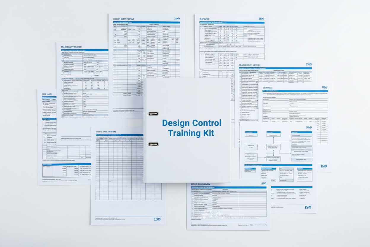 Structured design-control documents: design input/output sheets, trace matrices, DHF index pages, stage-gate diagrams. White binder labeled Design Control Training Kit. Modern ISO 13485 aesthetic, cool blue-white tones, sharp technical detail, no people.