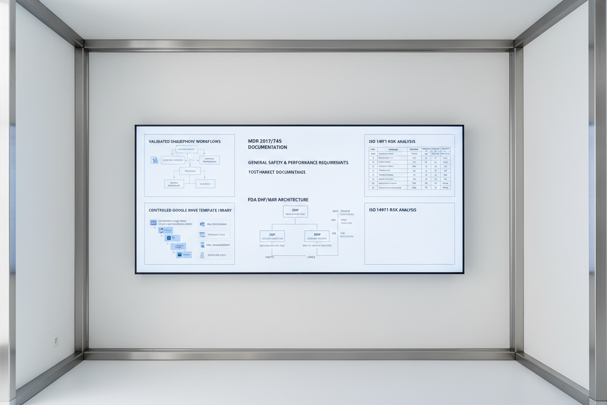 Structured technical display: validated SharePoint workflows, controlled Google Drive template library, MDR 2017/745 documentation sections, FDA DHF/DMR/DHR architecture charts, and ISO 14971 risk analysis documentation with hazard matrices. Clean clinical look, stainless-steel accents, precise shadows, zero clutter, no people.