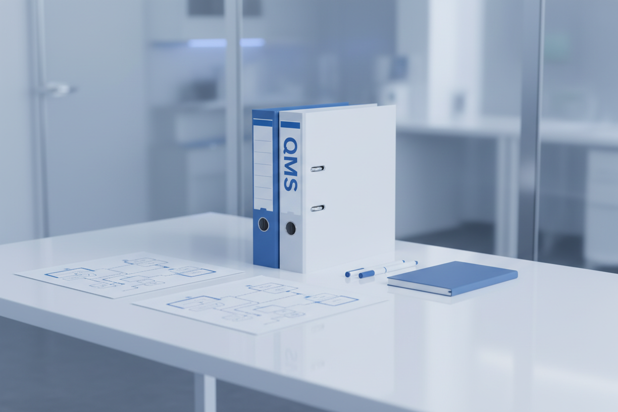 Ultra-clean blue-white regulatory aesthetic. Minimal medical device quality system workspace: binder labeled ‘QMS’, process map sheets, calm clinical lighting, no people, no brand logos, high clarity, wide hero composition, modern minimalist.