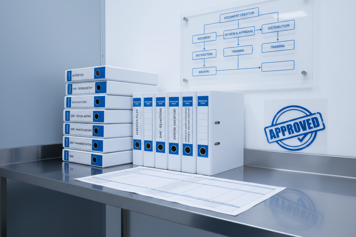Ultra-clean clinical regulatory aesthetic featuring controlled document binders, version-control sheets, master document lists, approved-stamp graphics and structured workflow diagrams. Minimalist blue-white palette, stainless-steel accents, crisp shadows. No people. Emphasise precision, control and the critical role of documentation integrity in ISO 13485 systems.