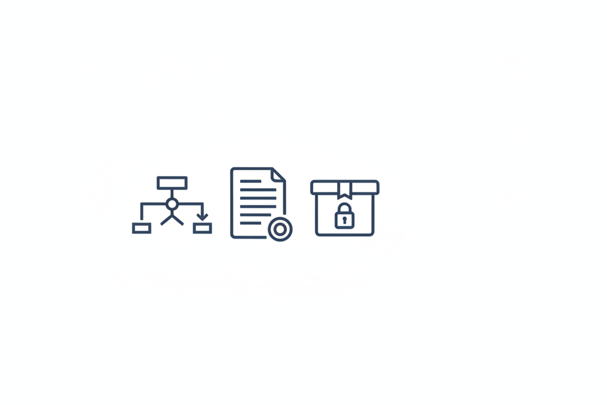 Ultra-clean medical device quality system hero banner, pure white background, minimal blue-grey vector icons (process map, controlled document, stamped approval, secure archive box), flat design, crisp lines, no gradients, no shadows, no watermark, no text, wide banner composition, high resolution.
