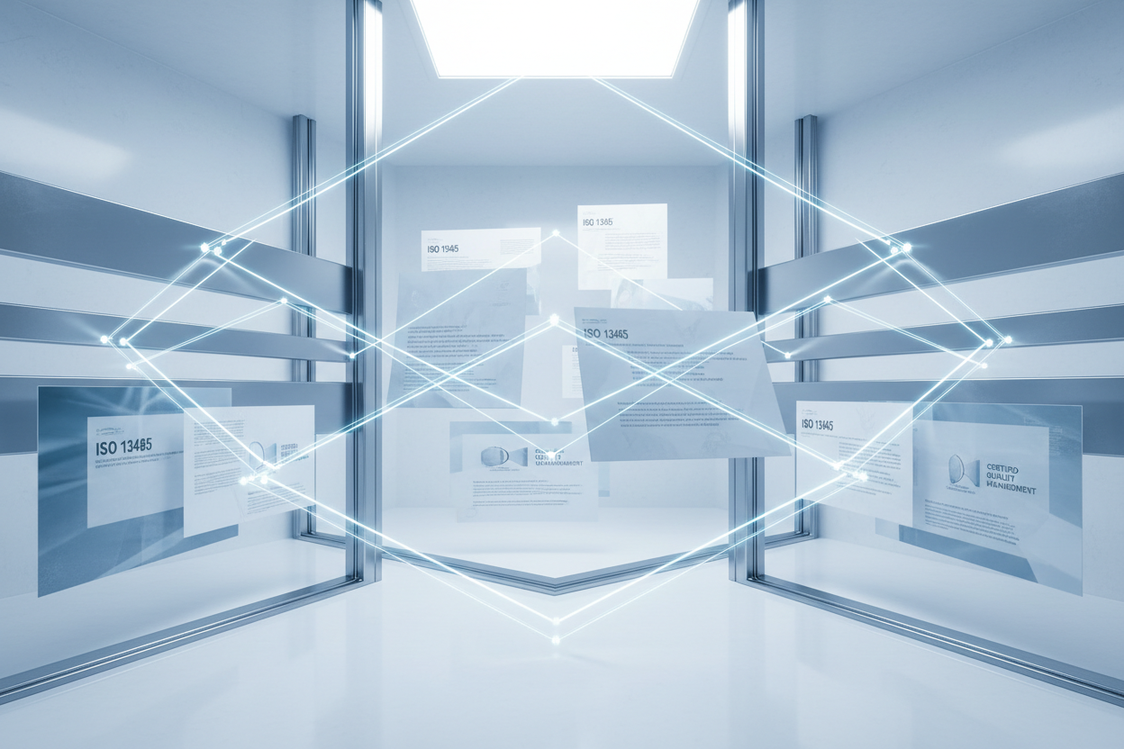 Ultra-clean regulatory aesthetic. Blue-white clinical palette. Abstract documents, ISO 13485 sheets, structured workflow lines, stainless-steel accents. No people. Crisp lighting.