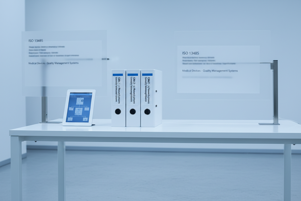 Ultra-clean regulatory workspace with minimal white desk, structured QMS binders, faint ISO 13485 document layers in background, blue-white palette, stainless-steel accents, no people, crisp lighting.