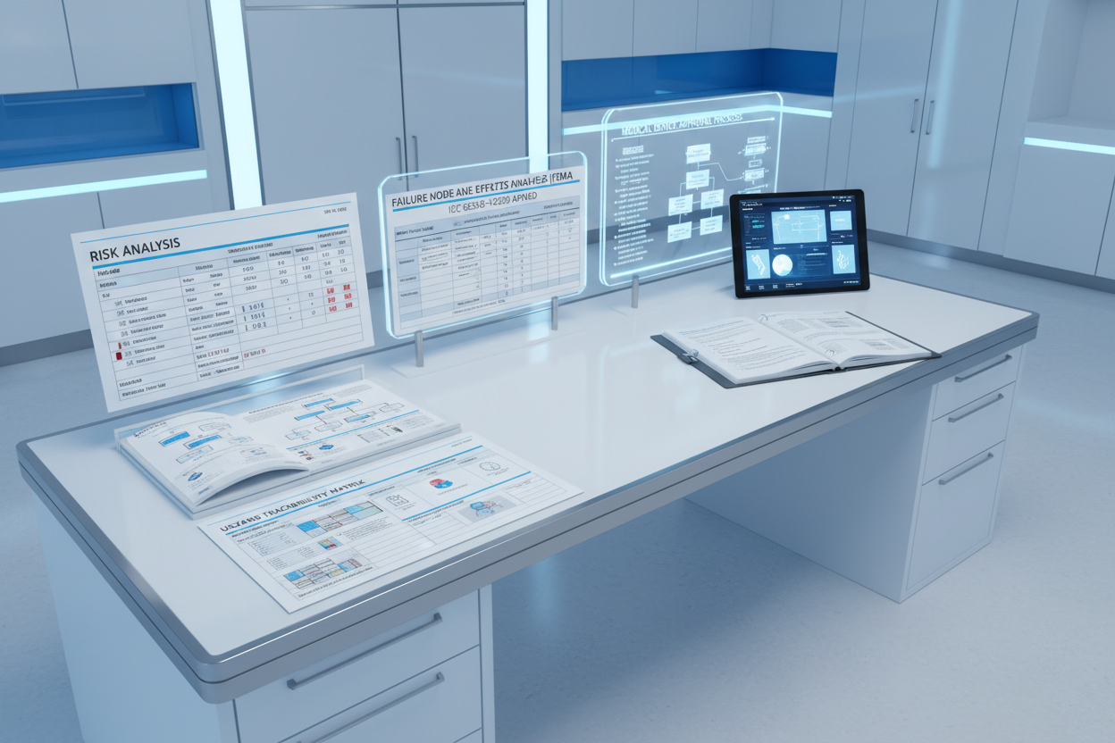 Ultra-clean white-blue clinical workspace featuring ISO 14971 and IEC 62366-1 documentation: open Risk Analysis worksheets, FMEA tables with severity/probability rankings, hazard traceability matrix, and usability validation plans. Include structured diagrams, decision trees, and interface mockups for usability testing. Stainless-steel accents, sharp typography, minimal medical device regulatory aesthetic, no people.