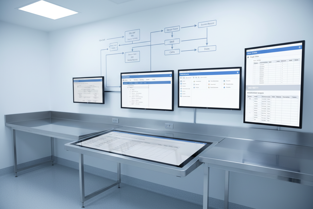 “Ultra-clean white-blue clinical workspace showing multiple digital QMS systems: SharePoint interface with document control tabs, Google Sites navigation panel, MDR GSPR matrix pages, FDA DHF/DMR/DHR mapping diagrams, and ISO 14971 risk analysis tables. Stainless-steel accents, sharp typography, minimal medical-device compliance aesthetic, no people.