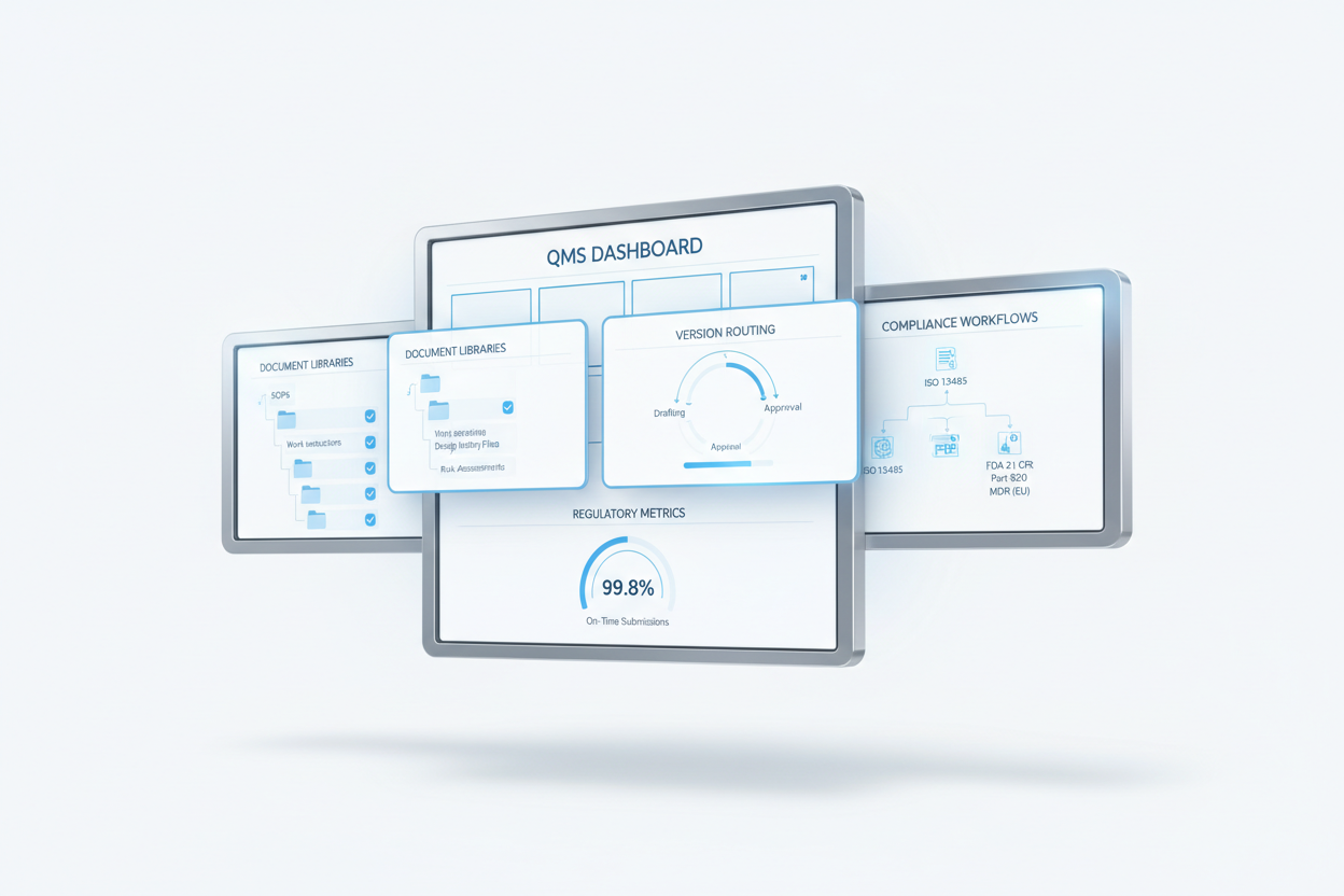 Ultra-clean white–blue medical-device regulatory aesthetic. Minimalist interface suggesting a controlled QMS dashboard, document libraries, version routing, and compliance workflows. No people. Stainless steel edges, crisp shadows.