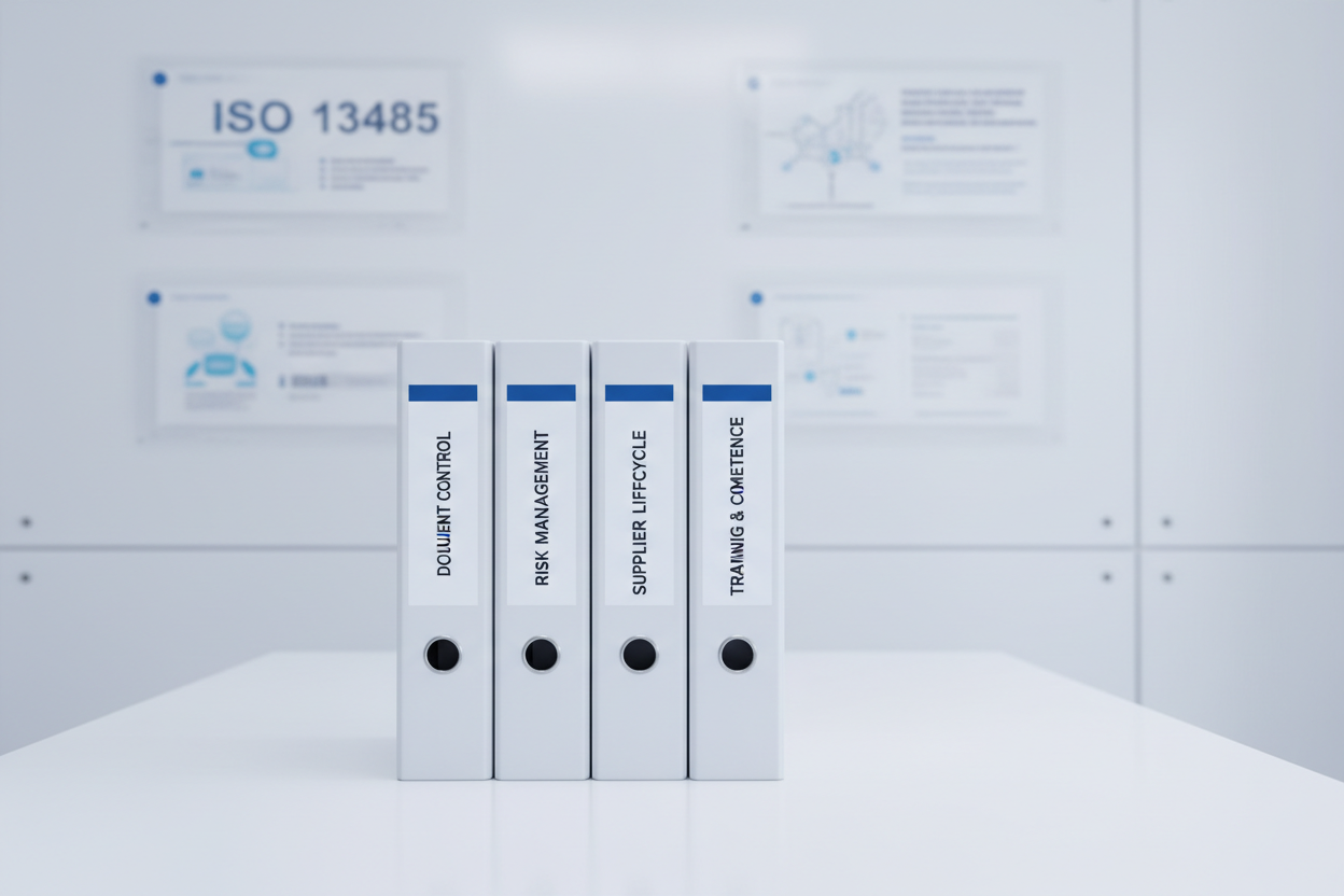 Ultra-clean white–blue regulatory workspace with structured binders labeled Document Control, Risk Management, Supplier Lifecycle, Training & Competence. Faint ISO 13485 documents layered in background. Crisp clinical lighting, no people.