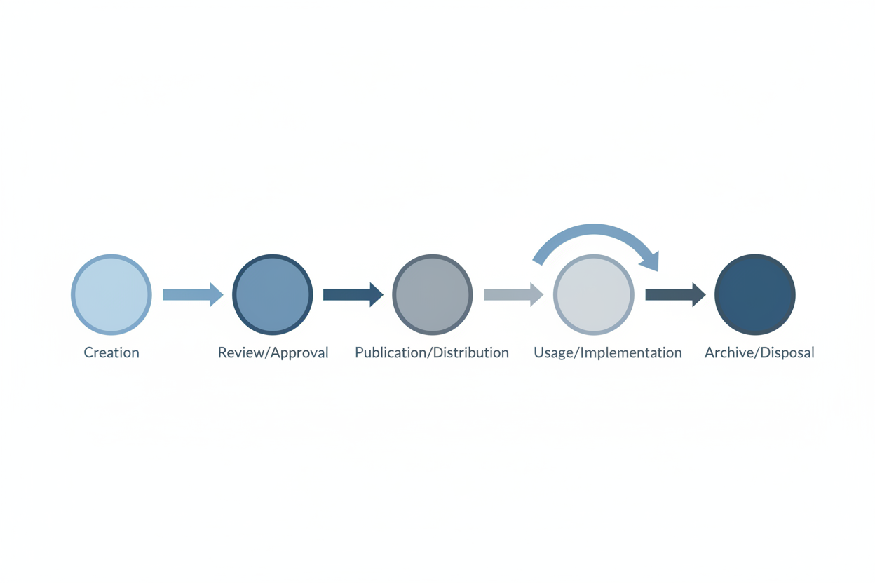 Ultra-minimal vector infographic on white background showing a controlled document lifecycle as blank nodes connected by arrows (no embedded text), blue-grey palette, crisp lines, flat design, no shadows, no gradients, no watermark, high resolution.