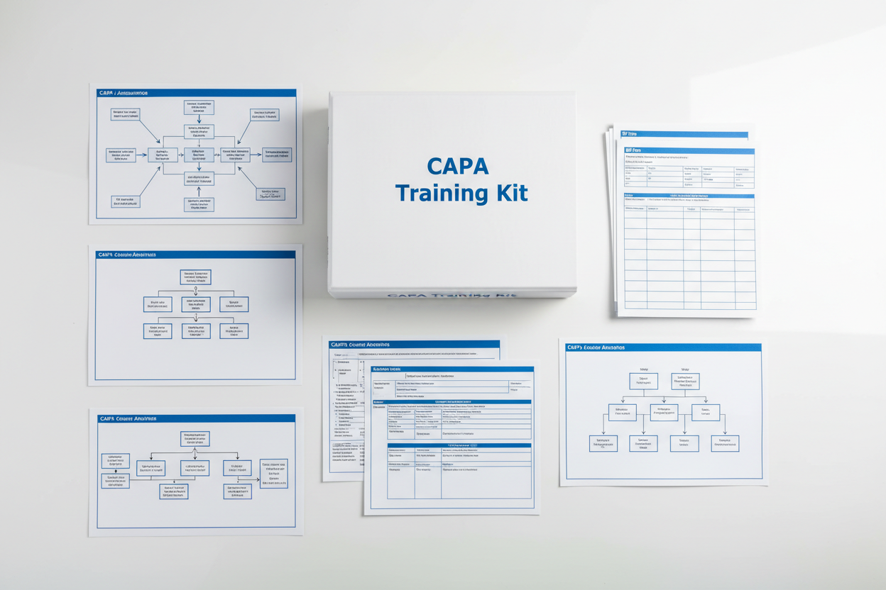 White clinical desk layout. CAPA workflow diagrams, 8D forms, root-cause analysis sheets, fishbone and 5-why templates arranged neatly. One premium white binder labeled CAPA Training Kit. Blue-white regulatory palette. Crisp lighting. No people.