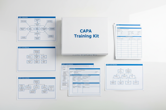 White clinical desk layout. CAPA workflow diagrams, 8D forms, root-cause analysis sheets, fishbone and 5-why templates arranged neatly. One premium white binder labeled CAPA Training Kit. Blue-white regulatory palette. Crisp lighting. No people.